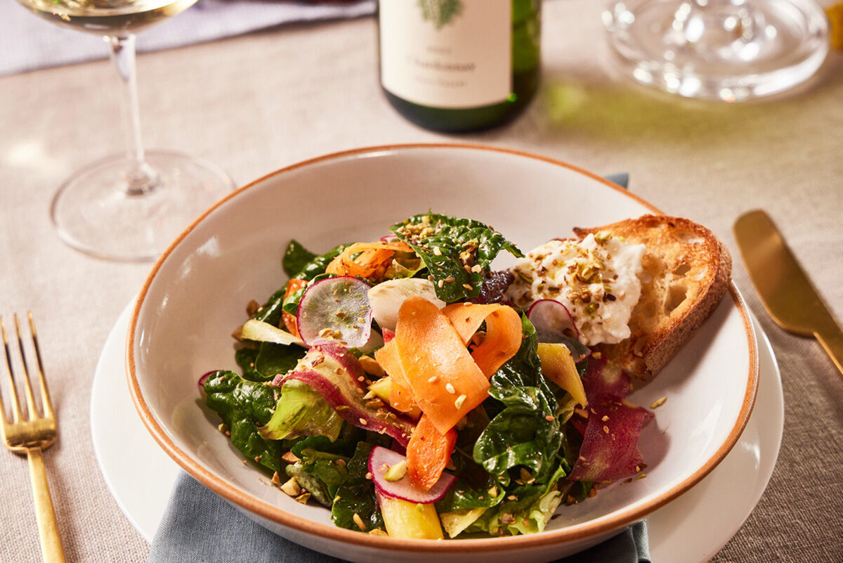 Baby Spinach Salad with Heirloom Carrots, Burrata and Pistachio Dukkha
