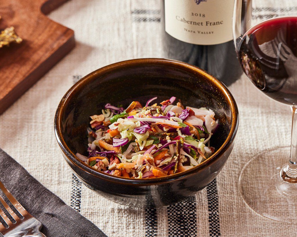 Savoy Cabbage Slaw with Lemongrass Beef Jerky, Ginger, Fresh Herbs &amp; Pecans